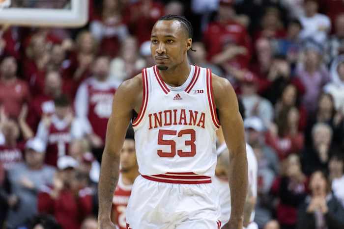 Indiana Hoosiers guard Tamar Bates (53) celebrates a made basket in the second half against the Wisconsin Badgers.